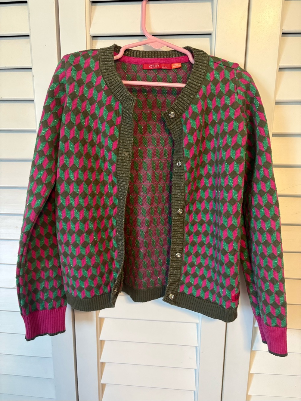 Oilily Olive Green and Bright Pink Geometric Knit Cardigan